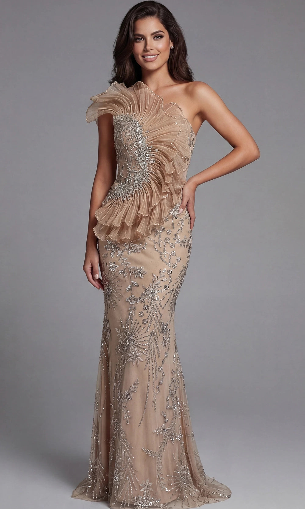 Jovani 50205 - One Shoulder Intricate Beaded Evening Gown - back view