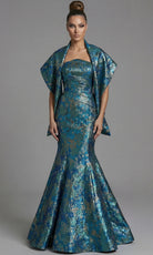 Jovani 51634 - Metallic Floral Strapless Gown with Shawl - designer evening gown at Silhouette Dresses