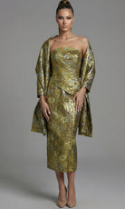 Jovani 51636 - Strapless Metallic Midi Dress with Shawl - designer prom dress at Silhouette Dresses