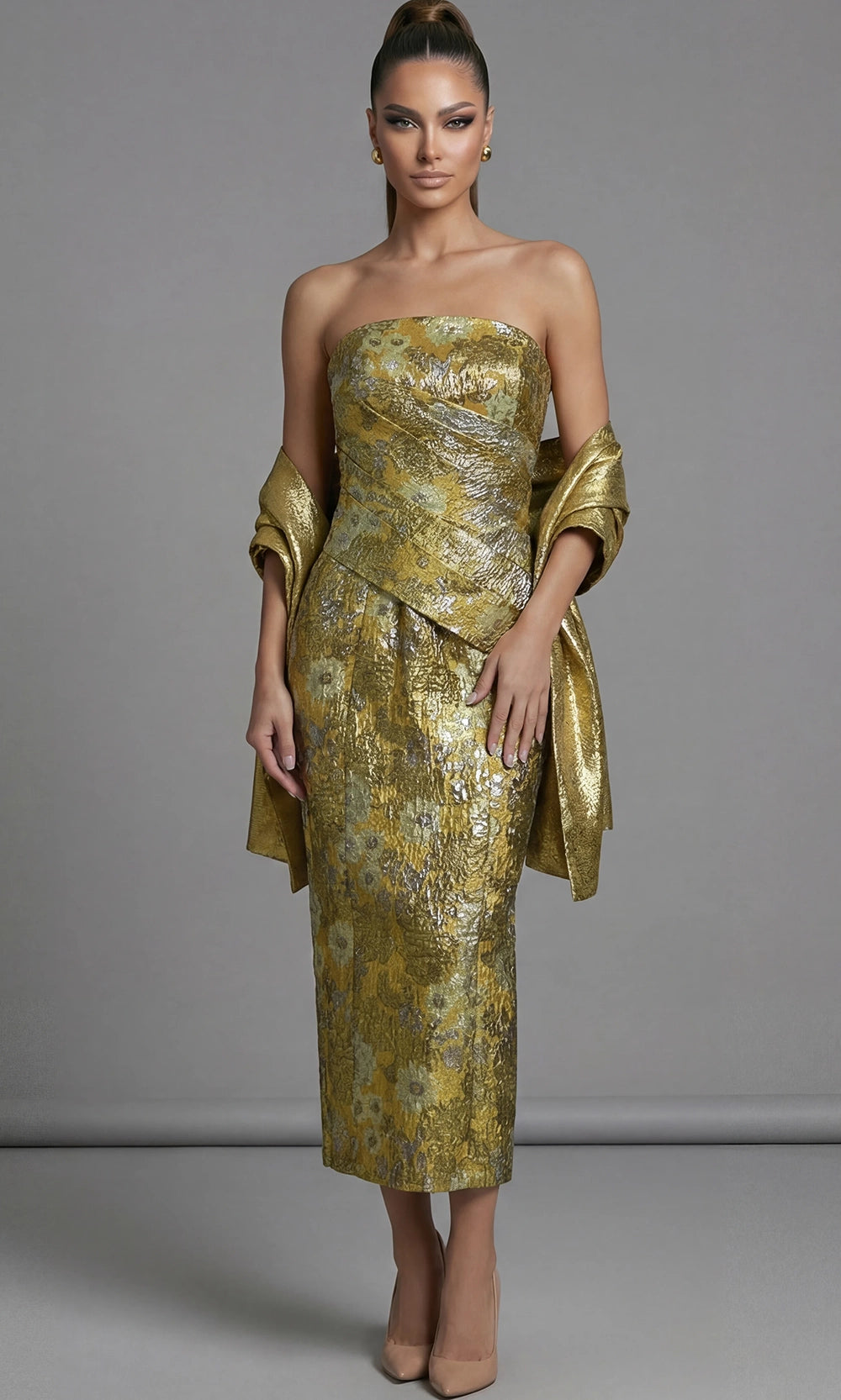Jovani 51636 - Strapless Metallic Midi Dress with Shawl - back view