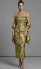 Jovani 51636 - Strapless Metallic Midi Dress with Shawl - back view
