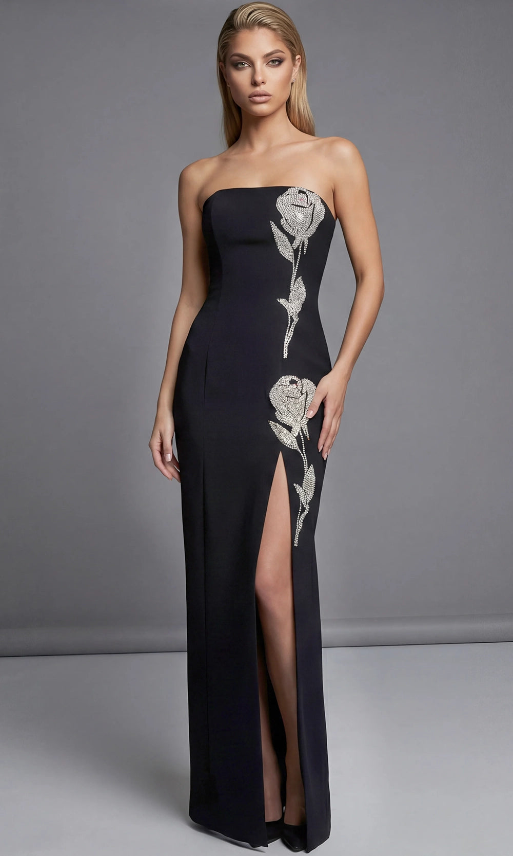 Jovani 51704 - Beaded Rose Applique Column Evening Gown - designer evening gown at Silhouette Dresses