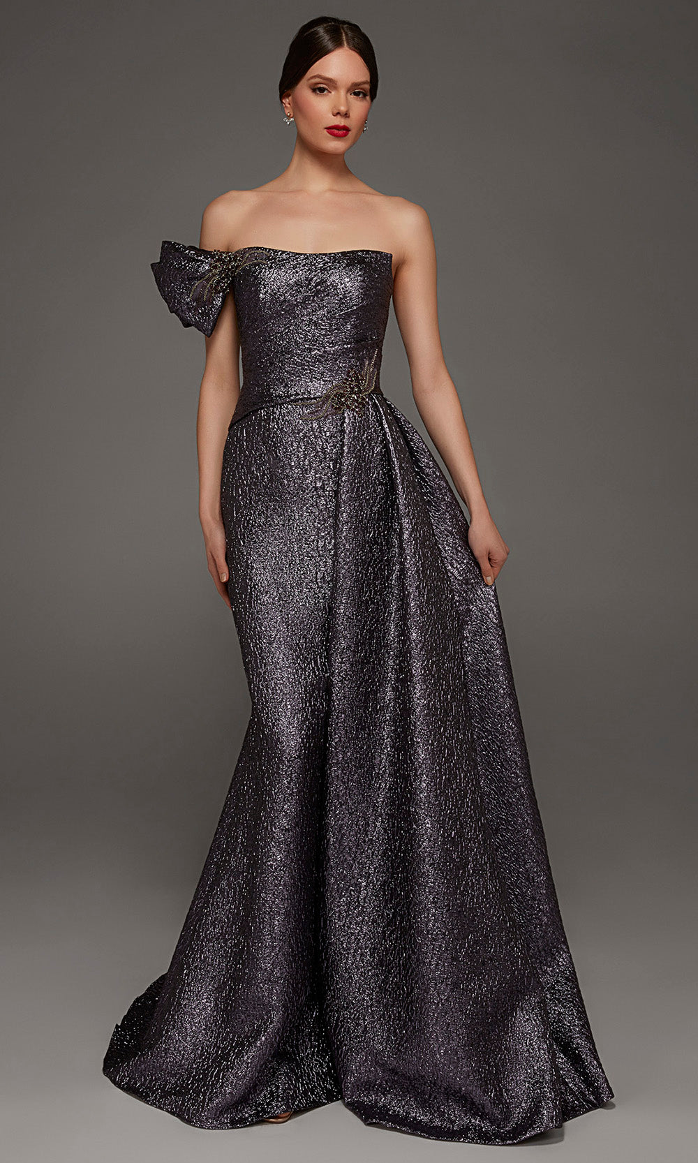 Alyce Paris 55009 - Bow Shoulder Accent Jacquard Sheath Gown