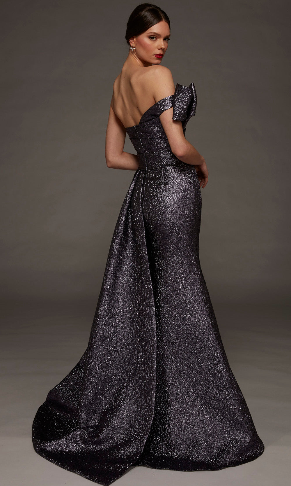 Alyce Paris 55009 - Bow Shoulder Accent Jacquard Sheath Gown