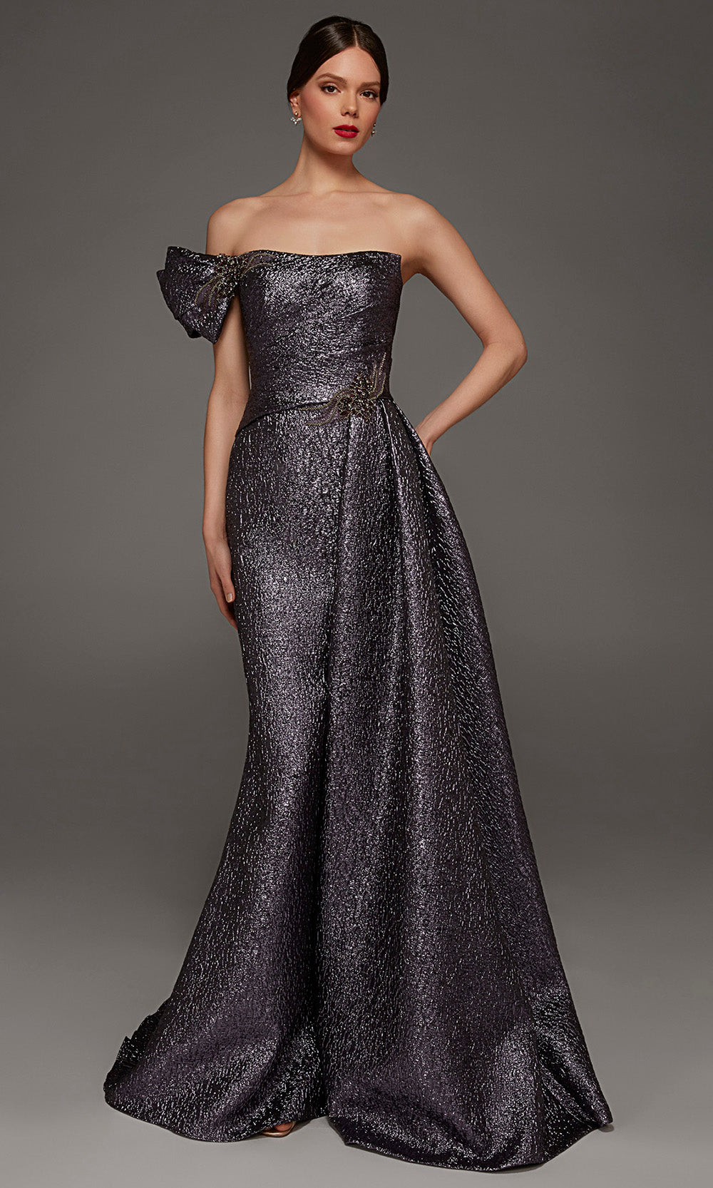 Alyce Paris 55009 - Bow Shoulder Accent Jacquard Sheath Gown