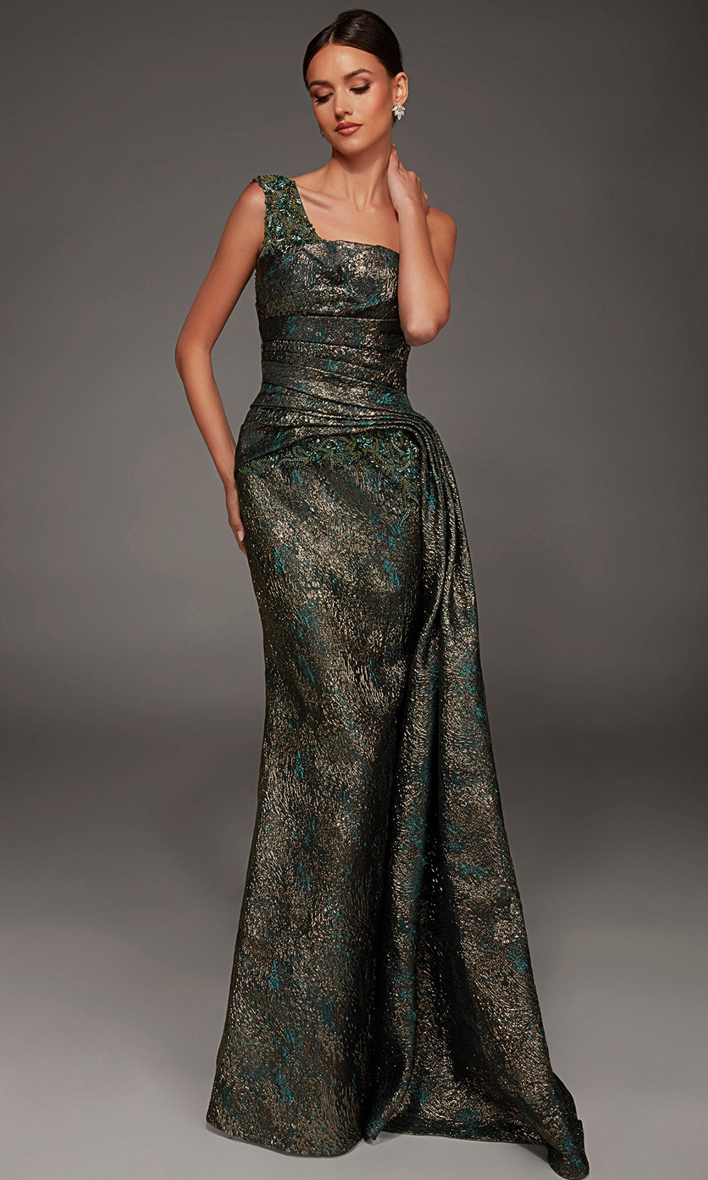Alyce Paris 55033 - One Shoulder Jacquard Gown with Side Drape