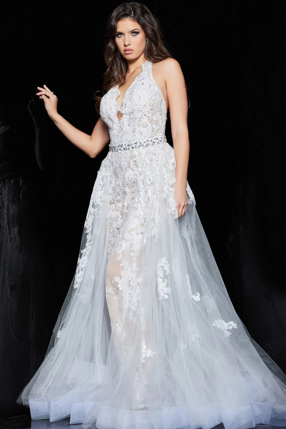Jovani - 60124 Embellished Lace Halter V-neck Jumpsuit With Overskirt - designer prom dress at Silhouette Dresses