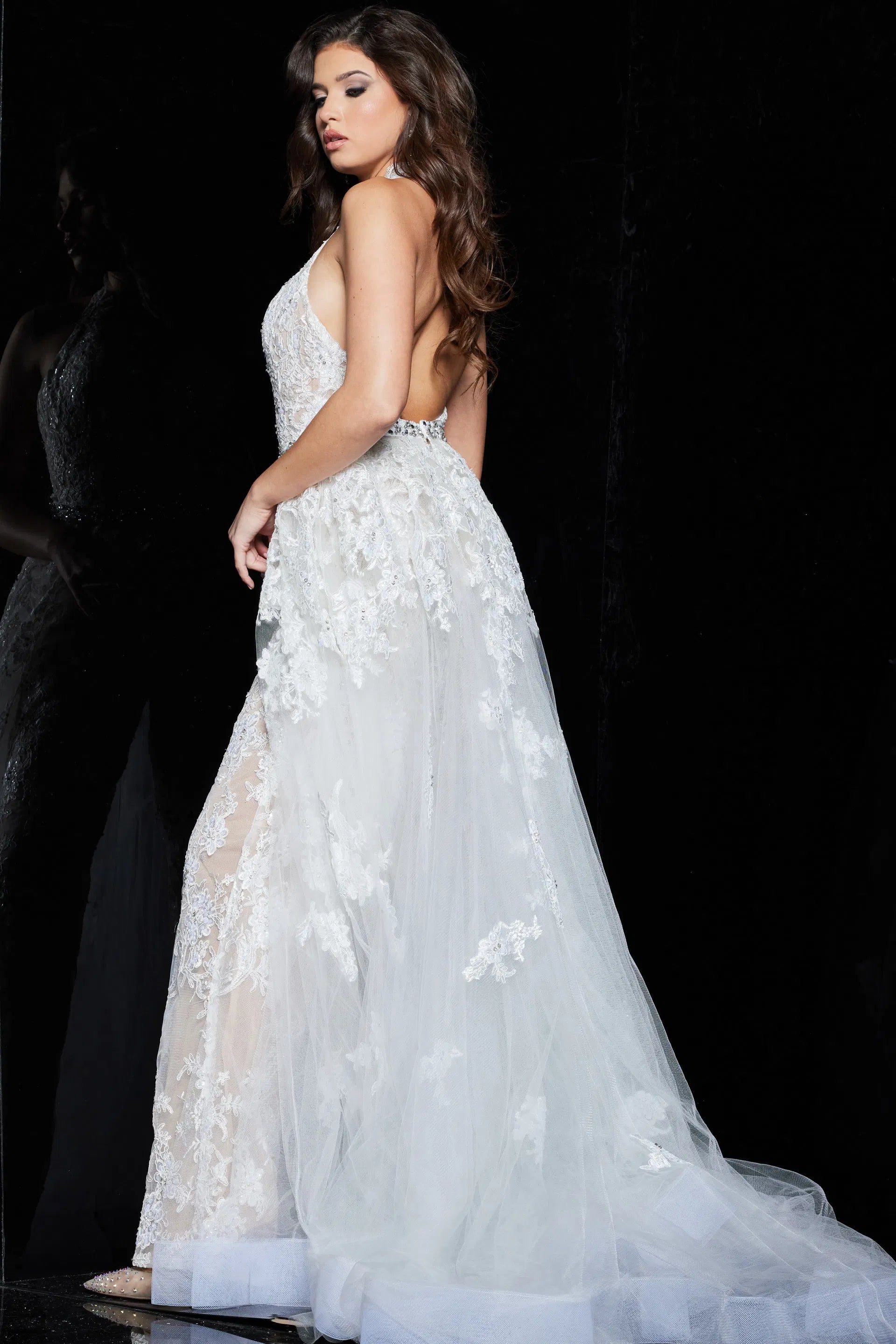 Jovani - 60124 Embellished Lace Halter V-neck Jumpsuit With Overskirt - view 8