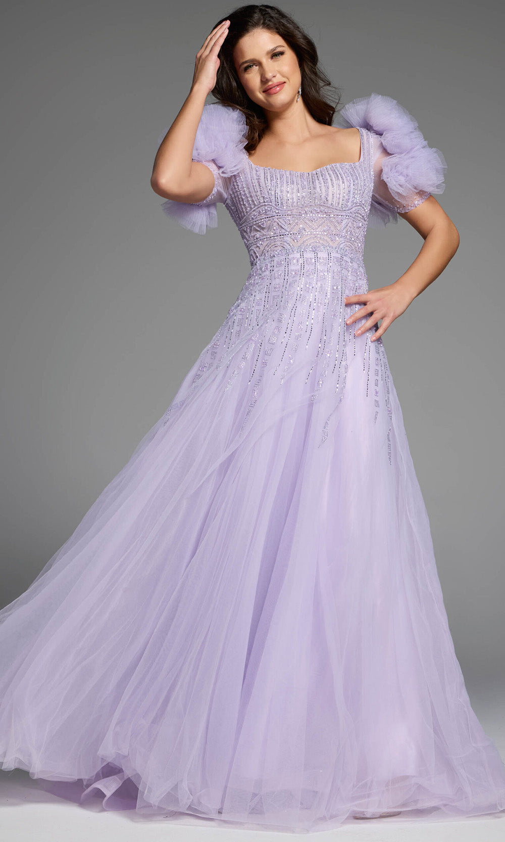 Jovani 61026 - Beaded Bodice Puff Sleeve Evening Gown - back view