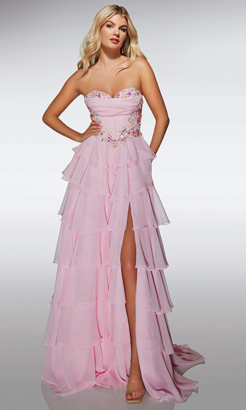 Alyce Paris 62013 - Tiered Ruffle Gown with Floral Bodice - view 4