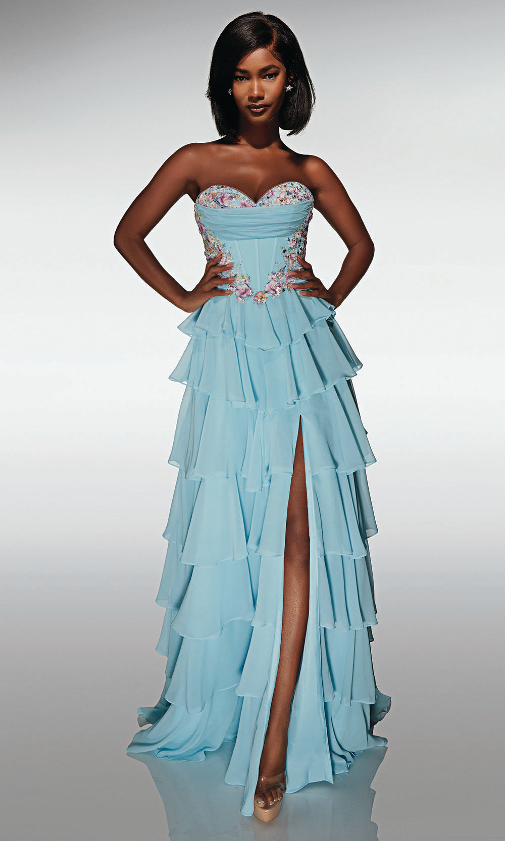 Alyce Paris 62013 - Tiered Ruffle Gown with Floral Bodice - view 5
