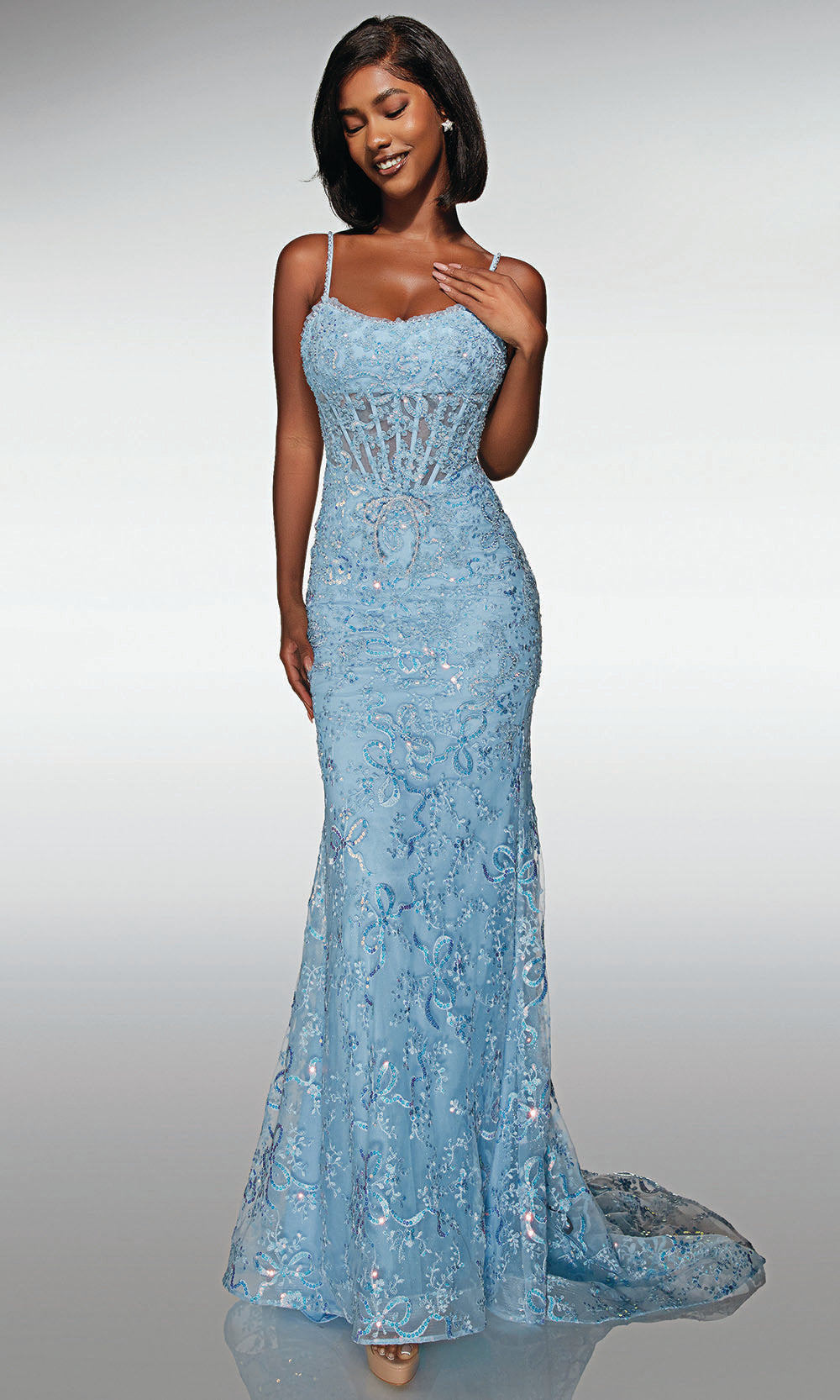 Alyce Paris 62017 - Beaded Corset Fitted Dress with Sweep Train - detail view