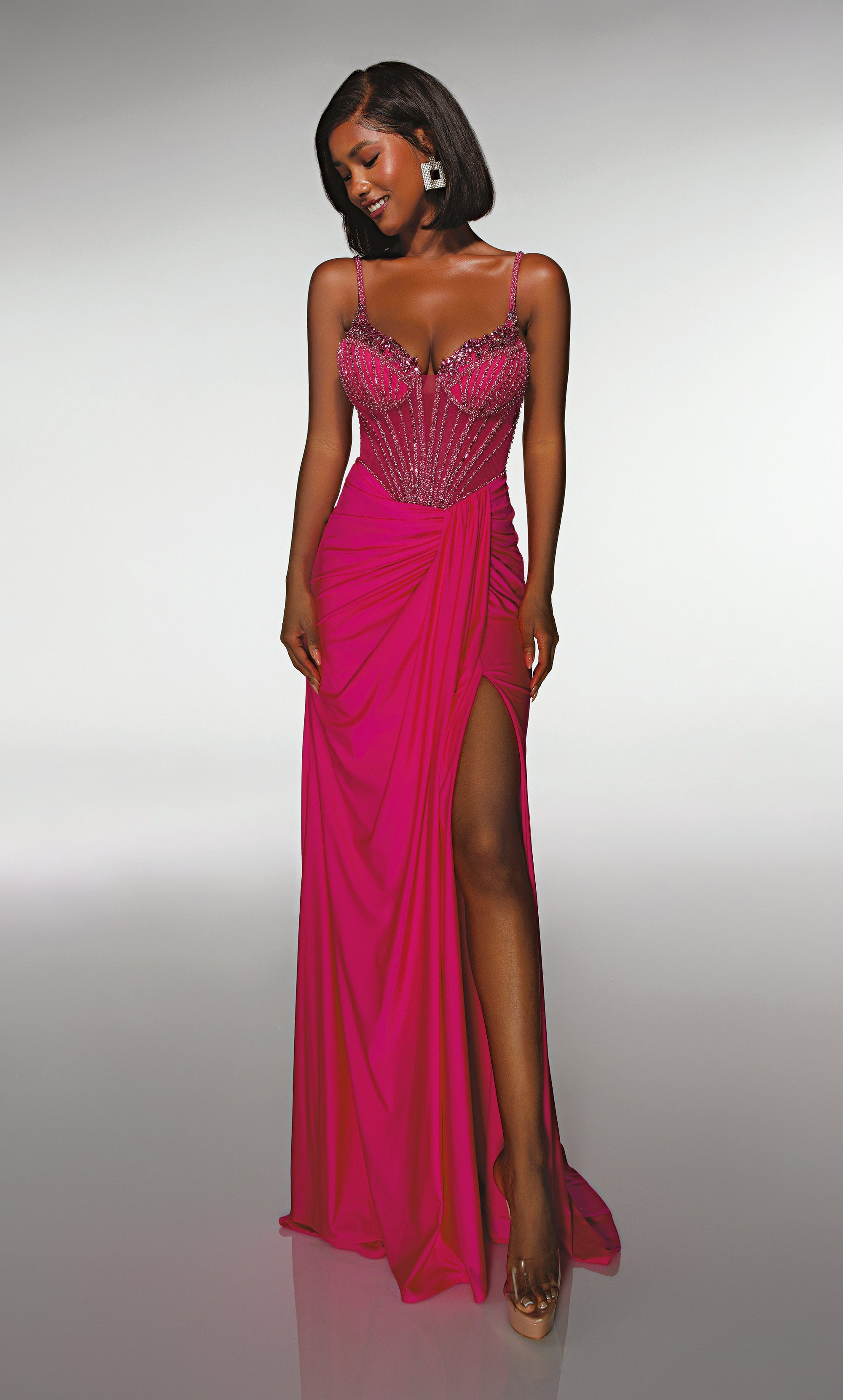 Alyce Paris 62113 - Beaded Corset Gown with Draped Slit Skirt - view 5