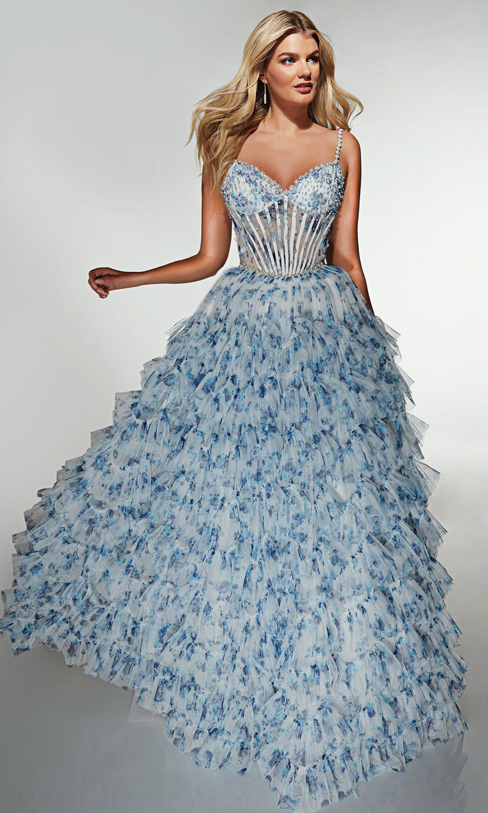 Alyce Paris 62182 - Floral Ruffle Ballgown with Beaded Bodice - detail view