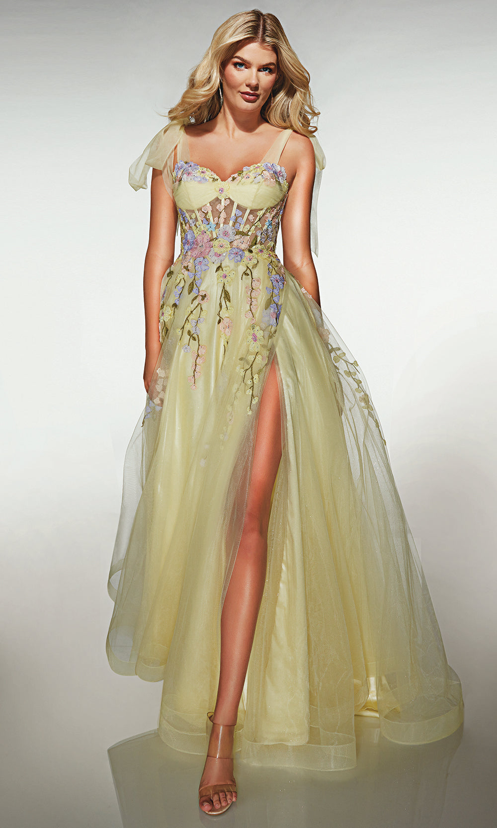 Alyce Paris 62204 - Floral Corset A-Line Gown with Bow Straps - designer prom dress at Silhouette Dresses
