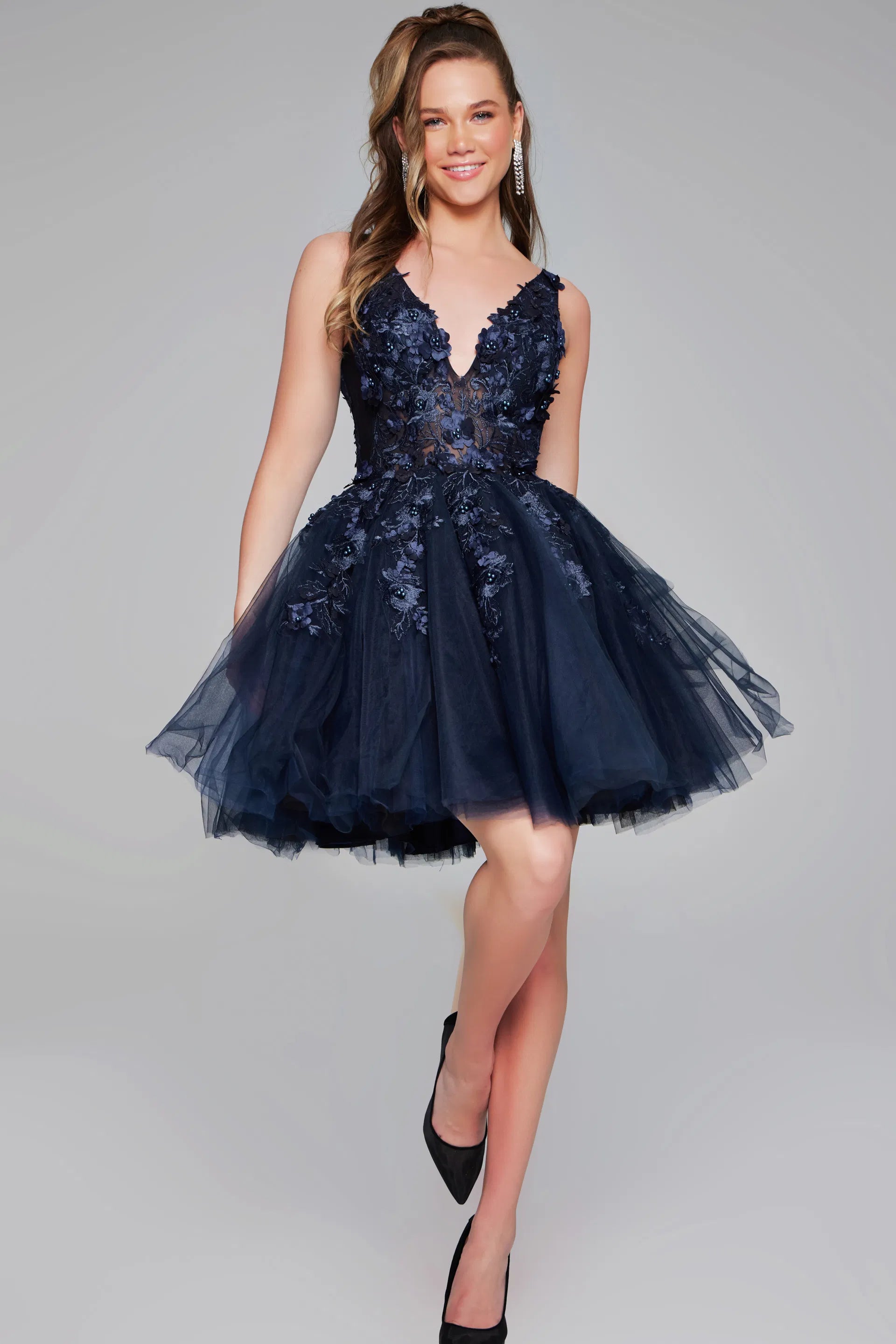 Jovani - 63987 Floral Appliqued A-Line Cocktail Dress - designer prom dress at Silhouette Dresses