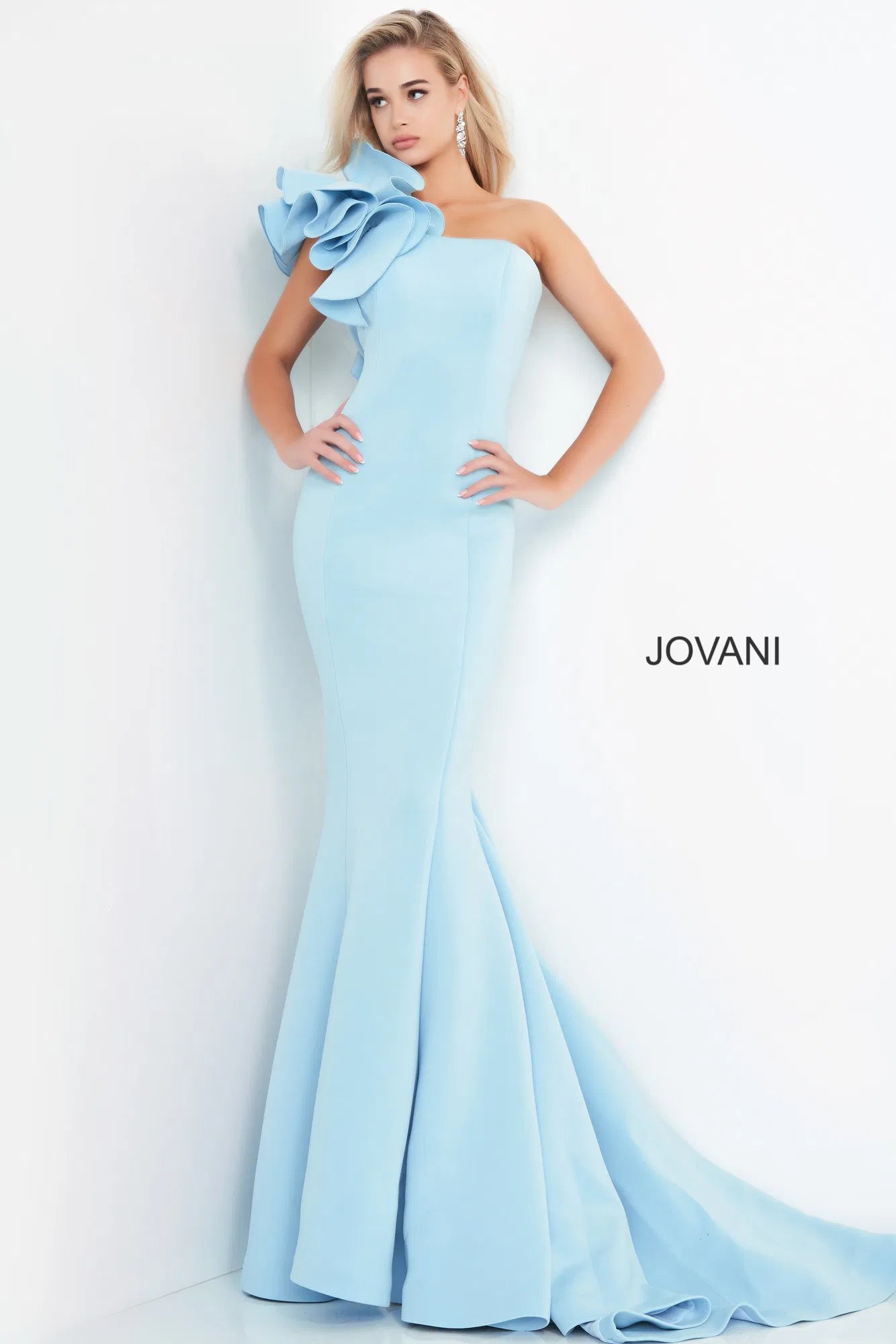 Jovani - 63994 One Shoulder Ruffle Sleeve Mermaid Evening Gown - view 6