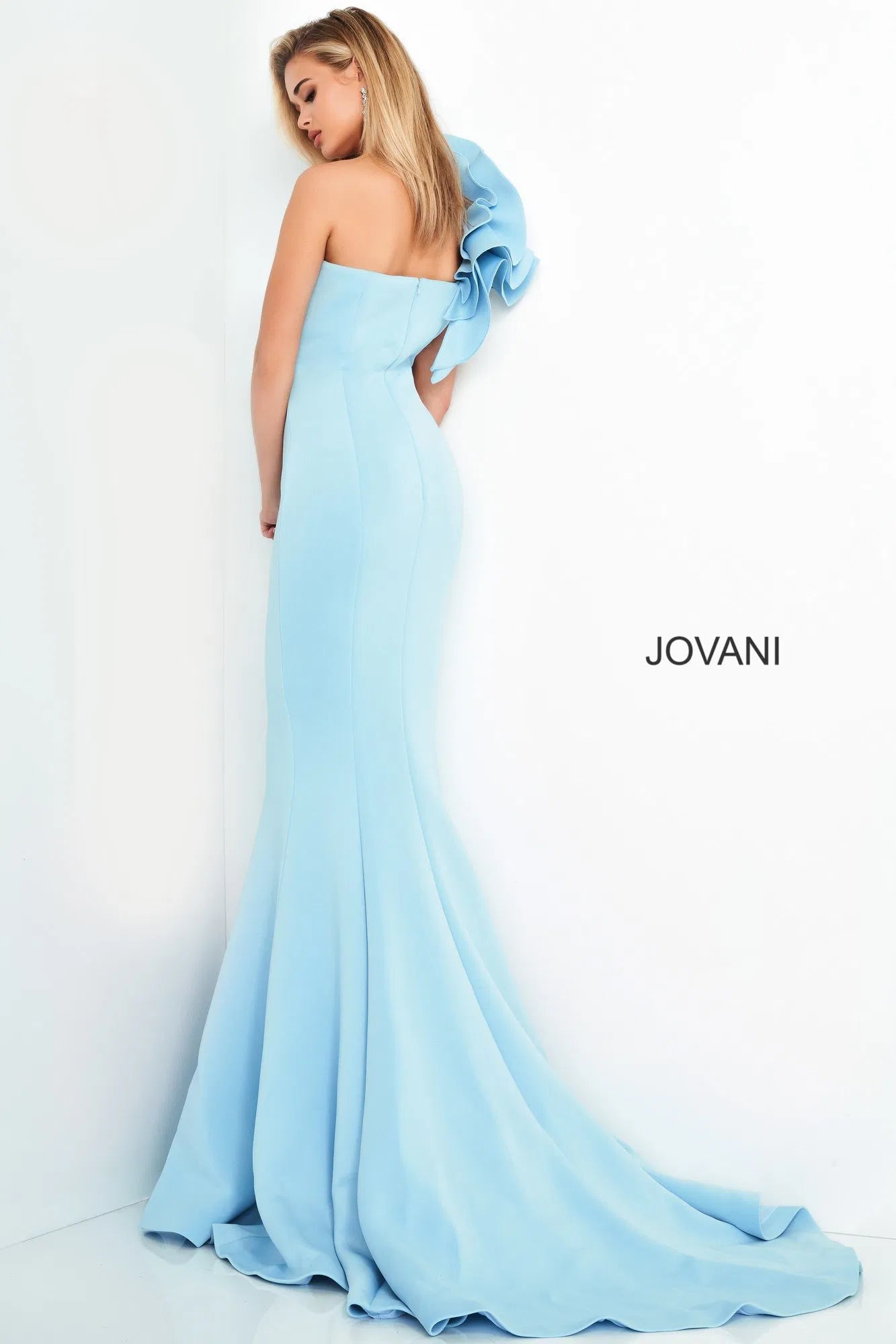 Jovani - 63994 One Shoulder Ruffle Sleeve Mermaid Evening Gown - view 7