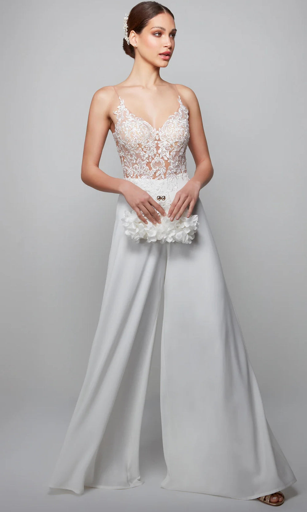 Alyce Paris 70017 - Sheer Lace Bodice Wide-Leg Jumpsuit - detail view