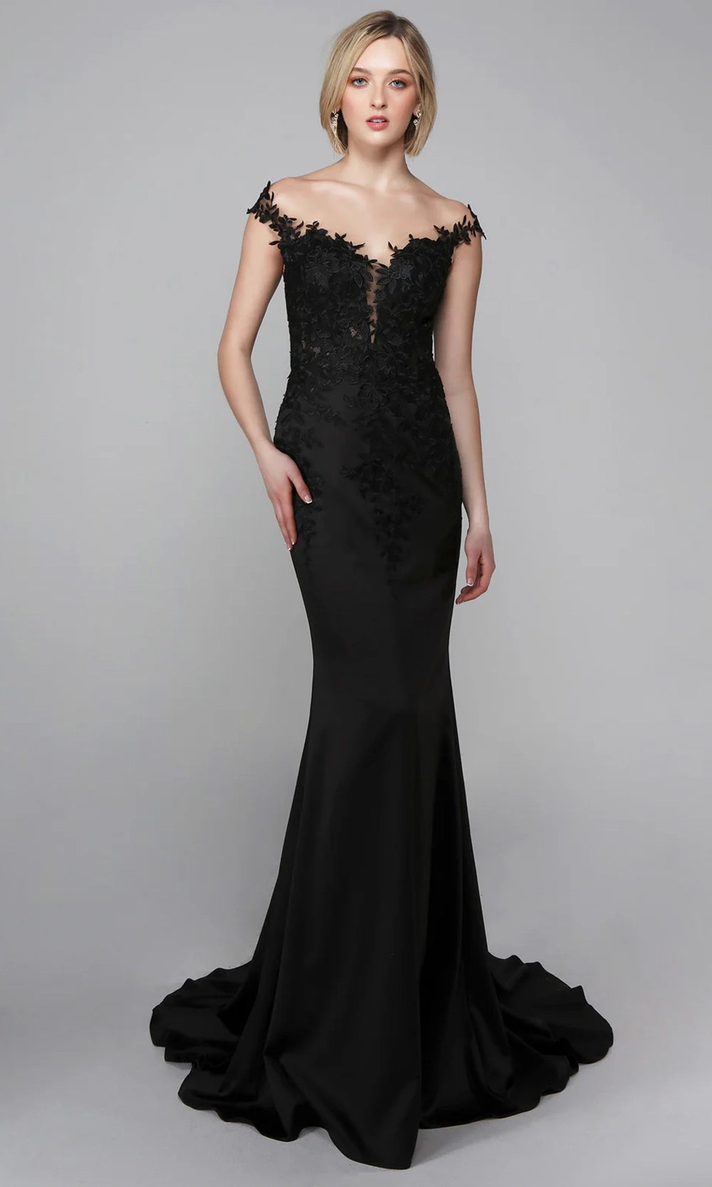 Alyce Paris 7026 - Off Shoulder Sheath Gown with Floral Lace - designer formal gown at Silhouette Dresses