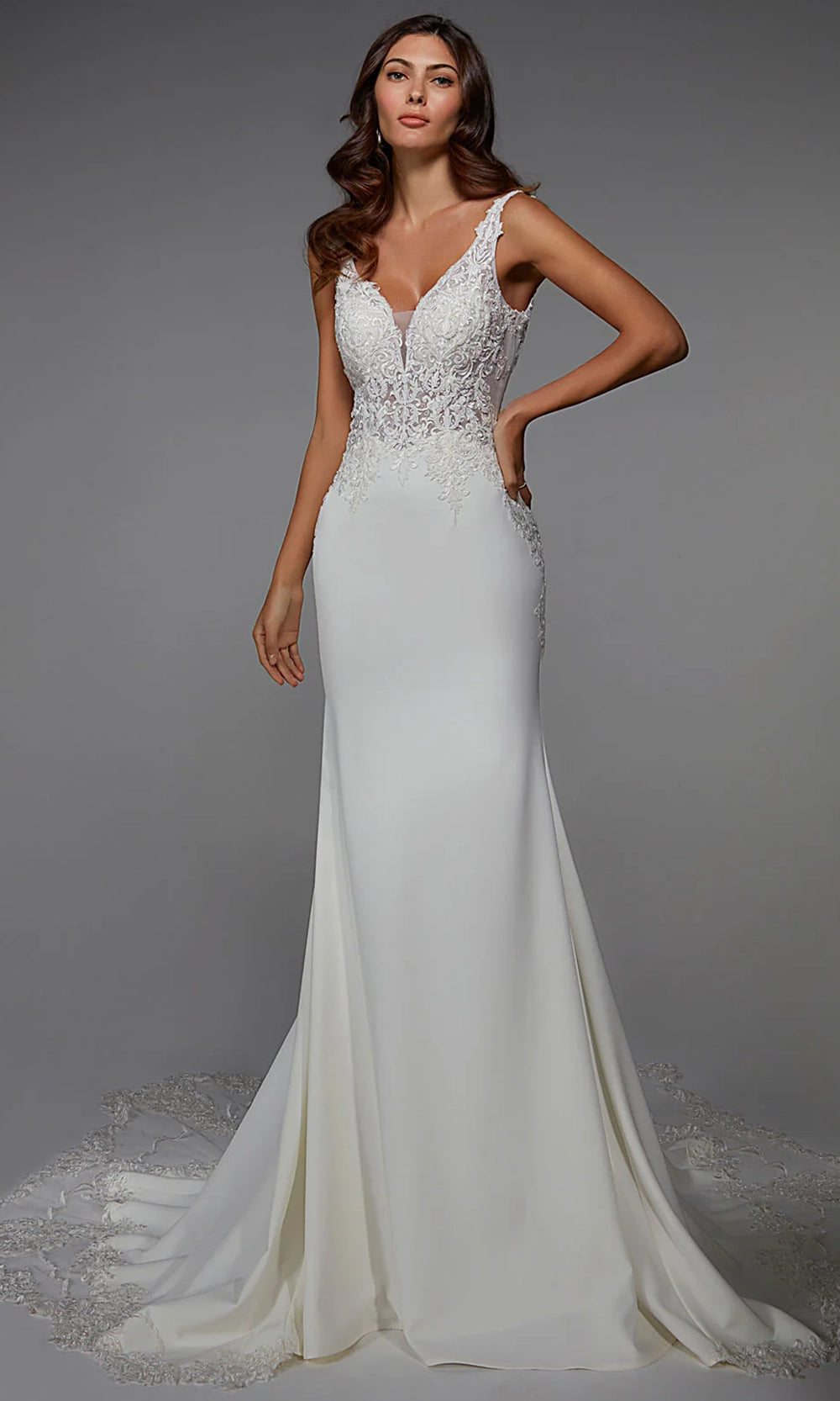 Alyce Paris 7027 - Lace Bodice Sheath Gown with Petal Train - designer wedding dress at Silhouette Dresses