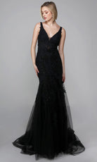 Alyce Paris 7029 - Plunging Trumpet Dress with Embroidered Detail - detail view