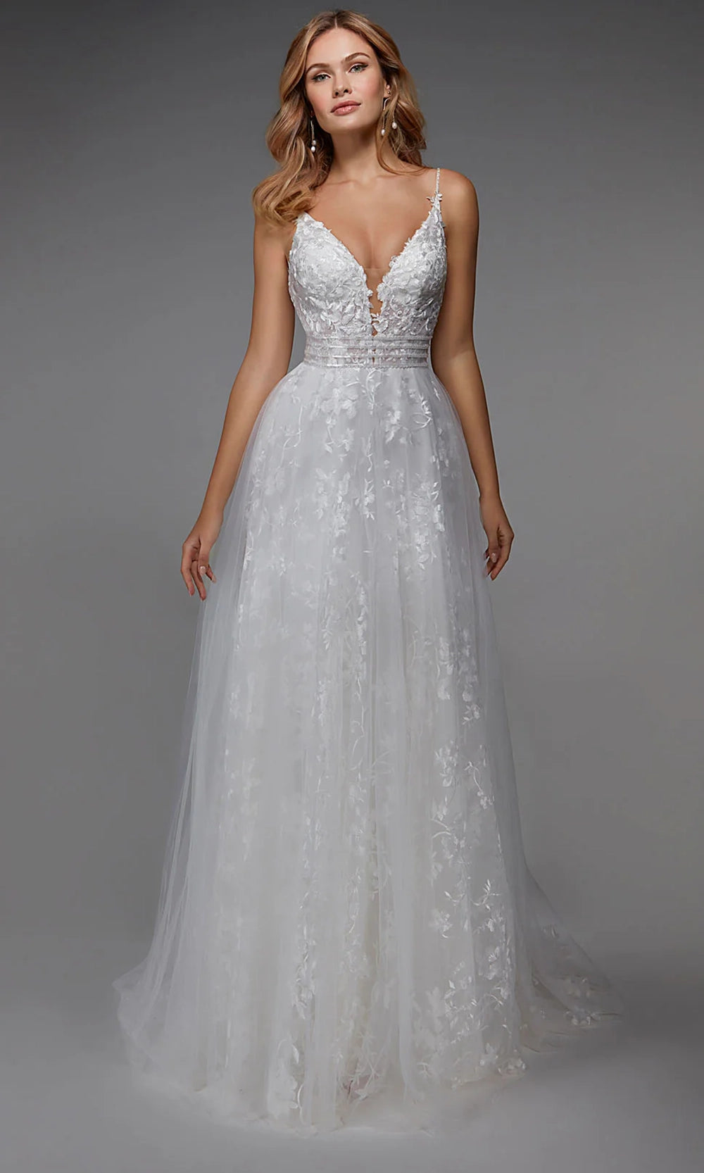 Alyce Paris 7036 - Plunging A-line Dress with Floral Appliques - designer wedding dress at Silhouette Dresses