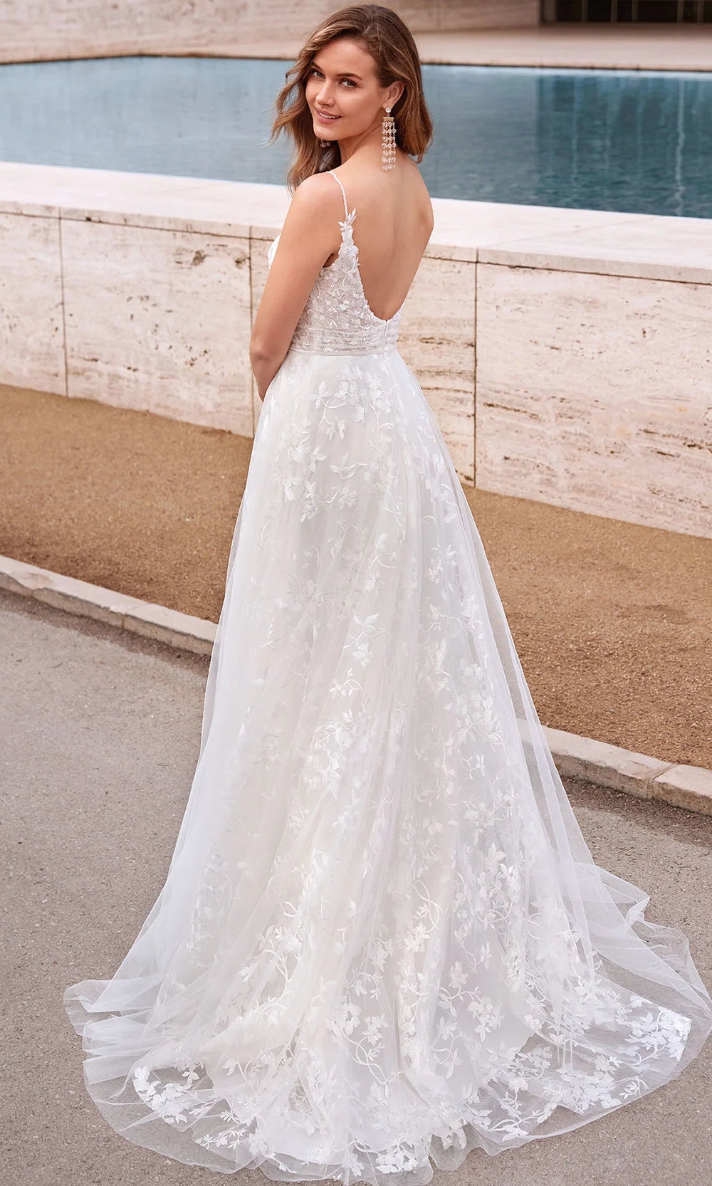 Alyce Paris 7036 - Plunging A-line Dress with Floral Appliques - back view