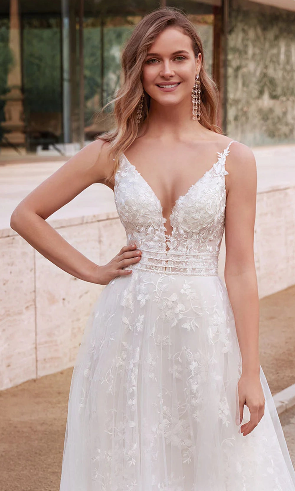 Alyce Paris 7036 - Plunging A-line Dress with Floral Appliques - detail view