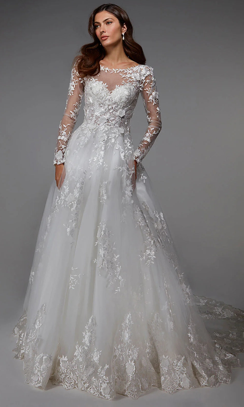 Alyce Paris 7046 - Long Sleeve Embroidered A-Line Gown - designer wedding dress at Silhouette Dresses