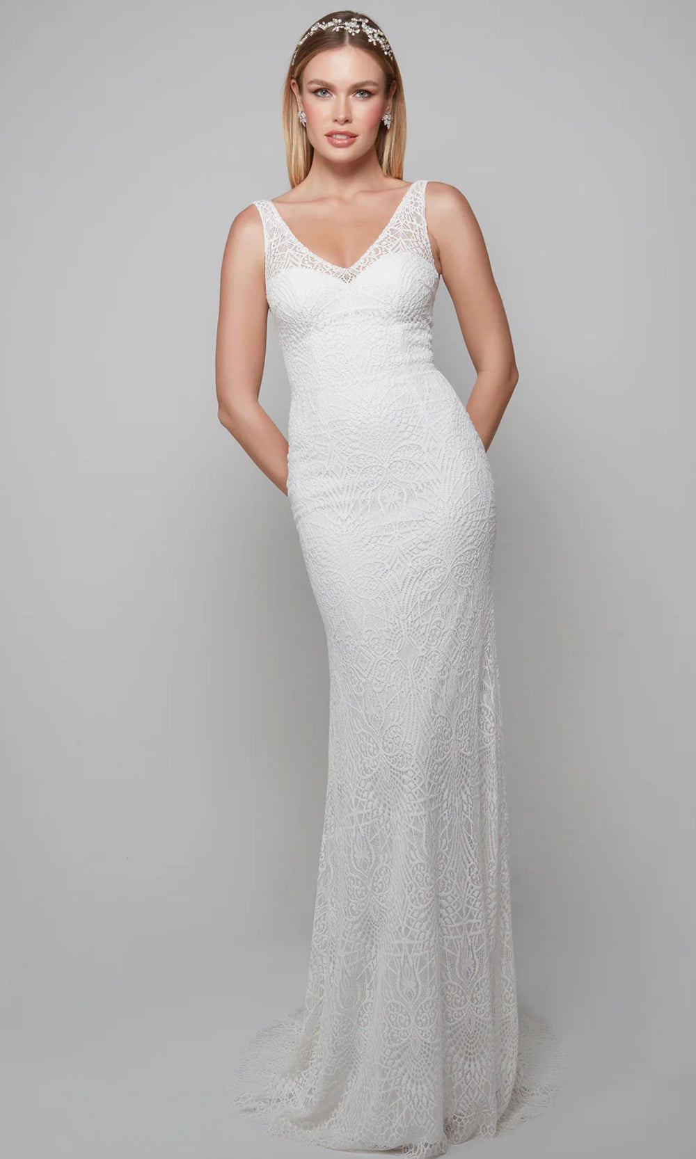 Alyce Paris 7075 - Lace Tulle Sheath Gown with V-Back - designer wedding dress at Silhouette Dresses