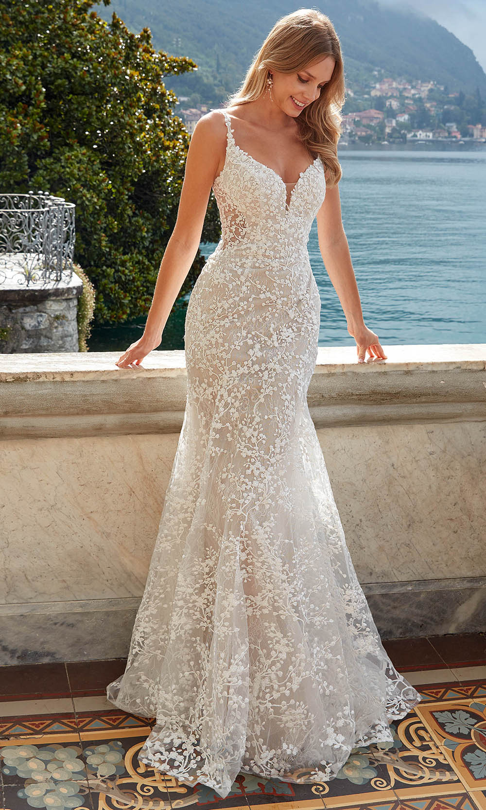 Alyce Paris 7077 - Fitted V-Neck Dress with Lace Applique - detail view