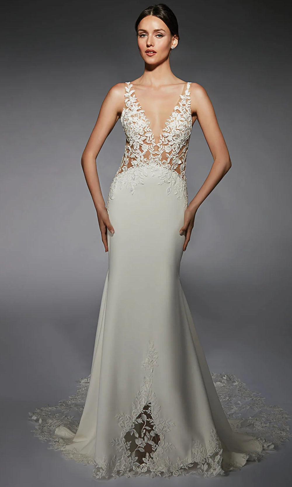 Alyce Paris 7117 - Floral Appliqued Illusion Trumpet Gown - designer wedding dress at Silhouette Dresses