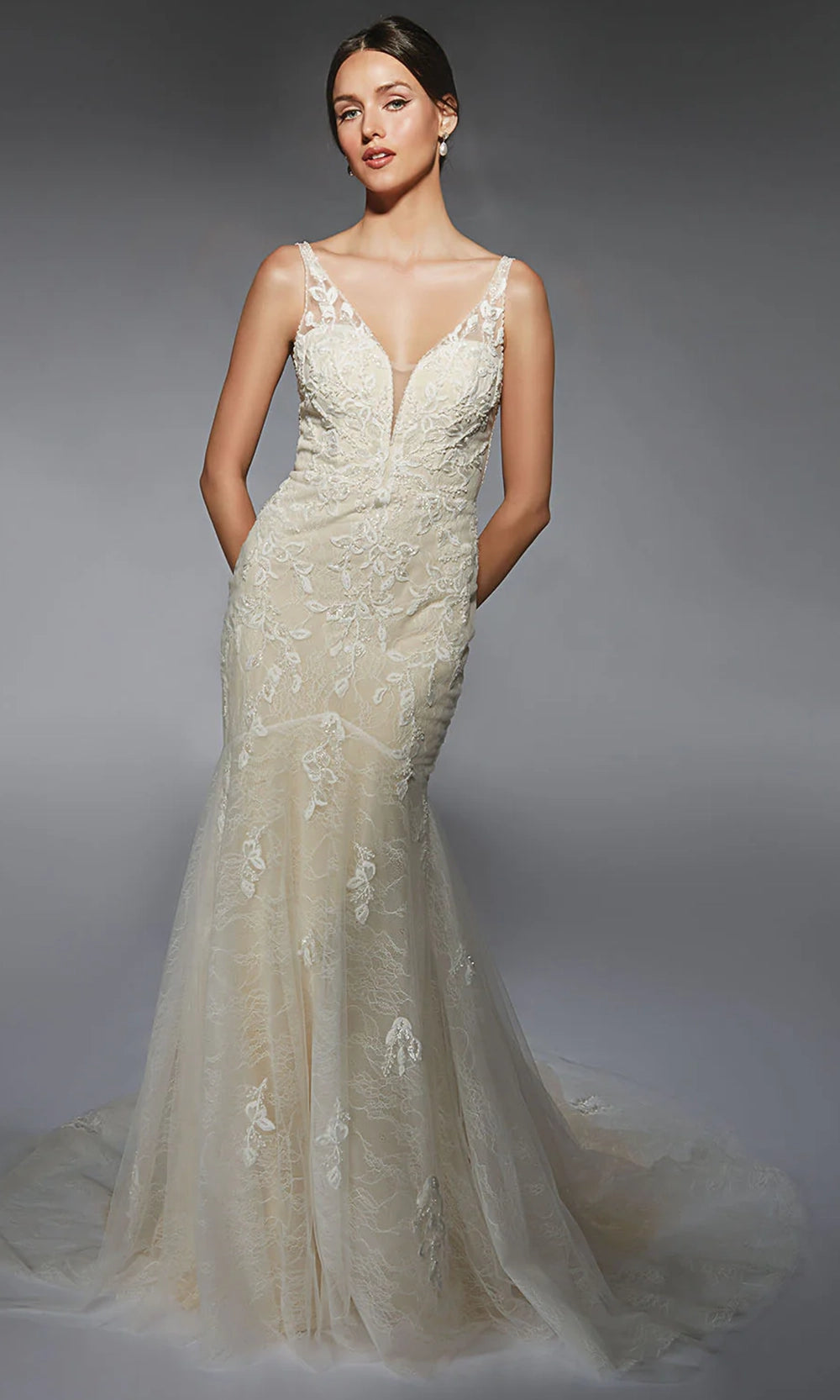 Alyce Paris 7119 - Illusion Plunge Embroidered Trumpet Dress - designer wedding dress at Silhouette Dresses