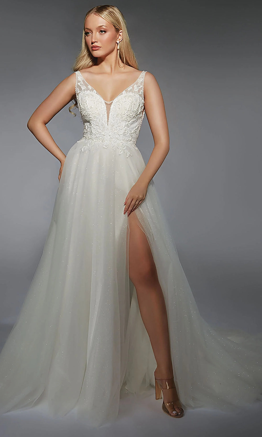 Alyce Paris 7125 - Beaded Lace V-Neck Gown with Slit - designer wedding dress at Silhouette Dresses