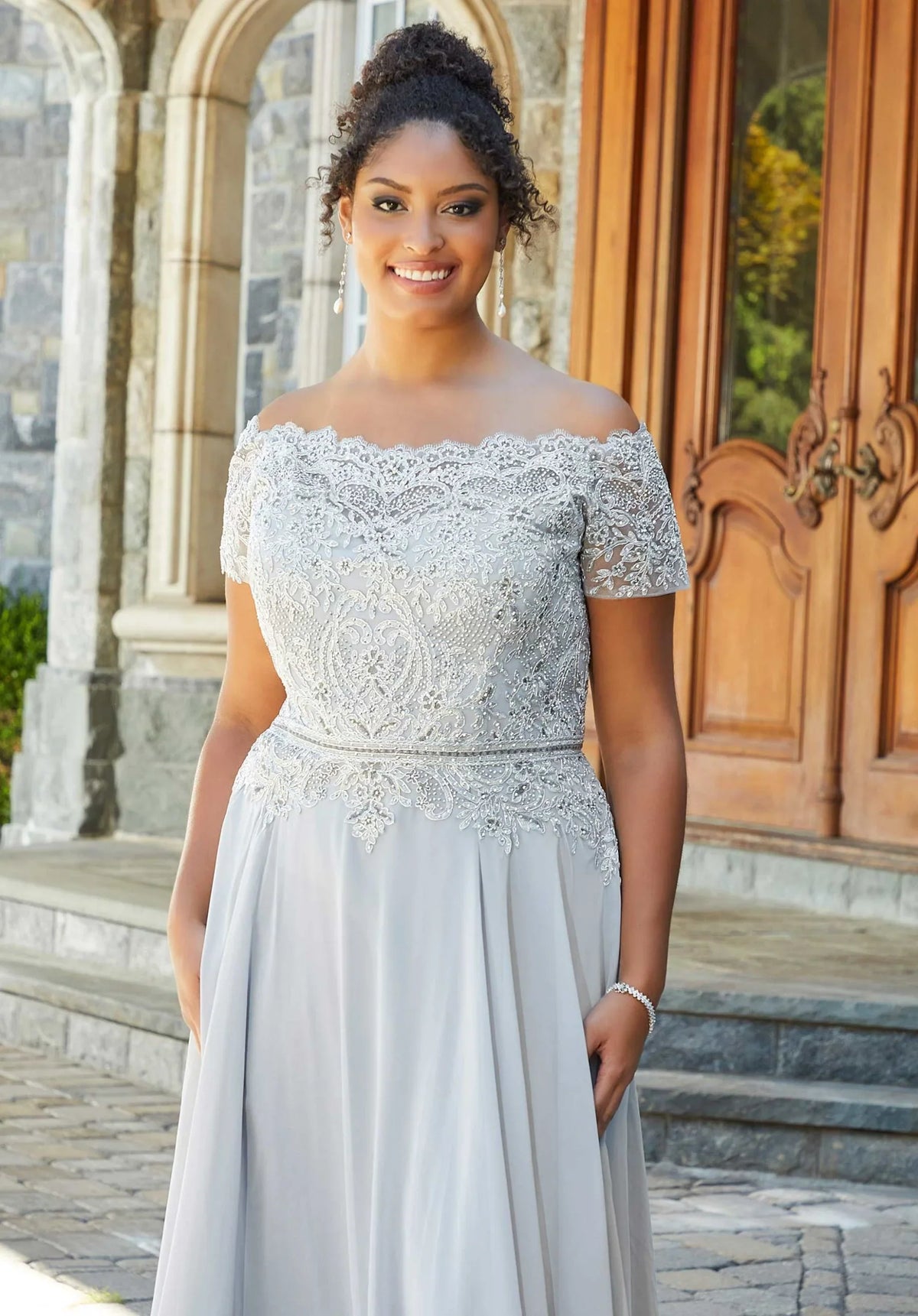 MGNY By Mori Lee - 72133 Off Shoulder Lace Appliqued Chiffon Dress