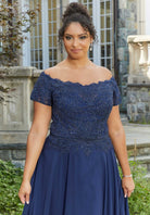 MGNY By Mori Lee - 72133 Off Shoulder Lace Appliqued Chiffon Dress
