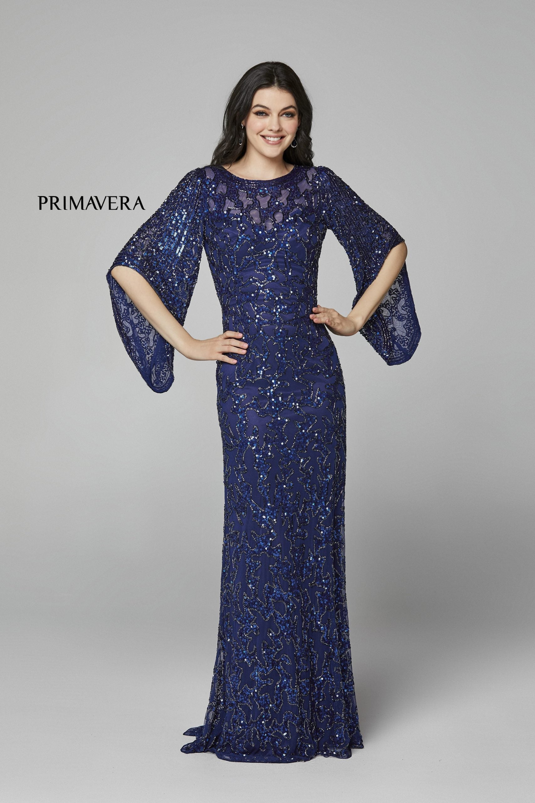 Primavera Couture - 9713 Sequined Flare Sleeve Junior Prom Gown