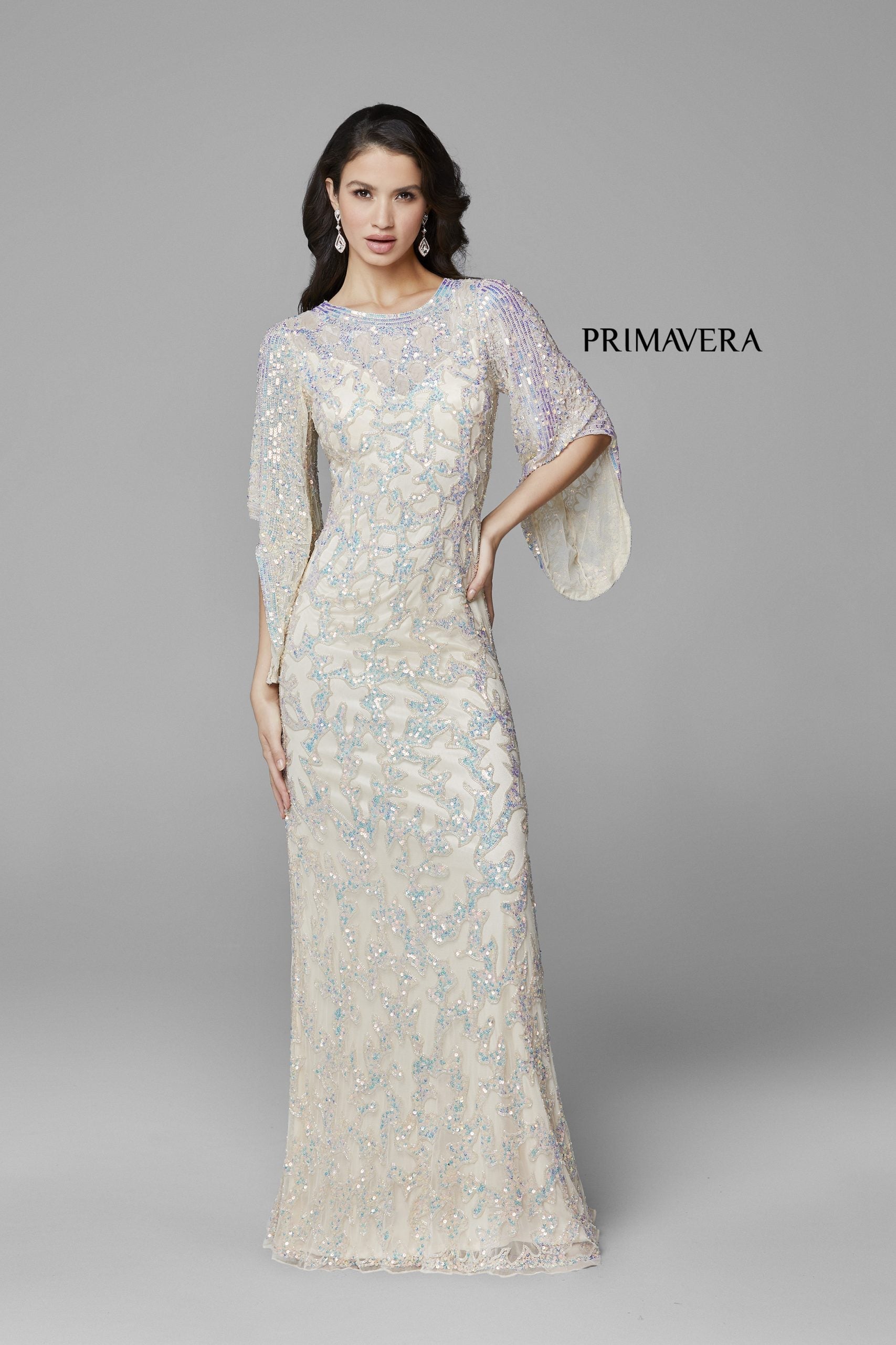 Primavera Couture - 9713 Sequined Flare Sleeve Junior Prom Gown