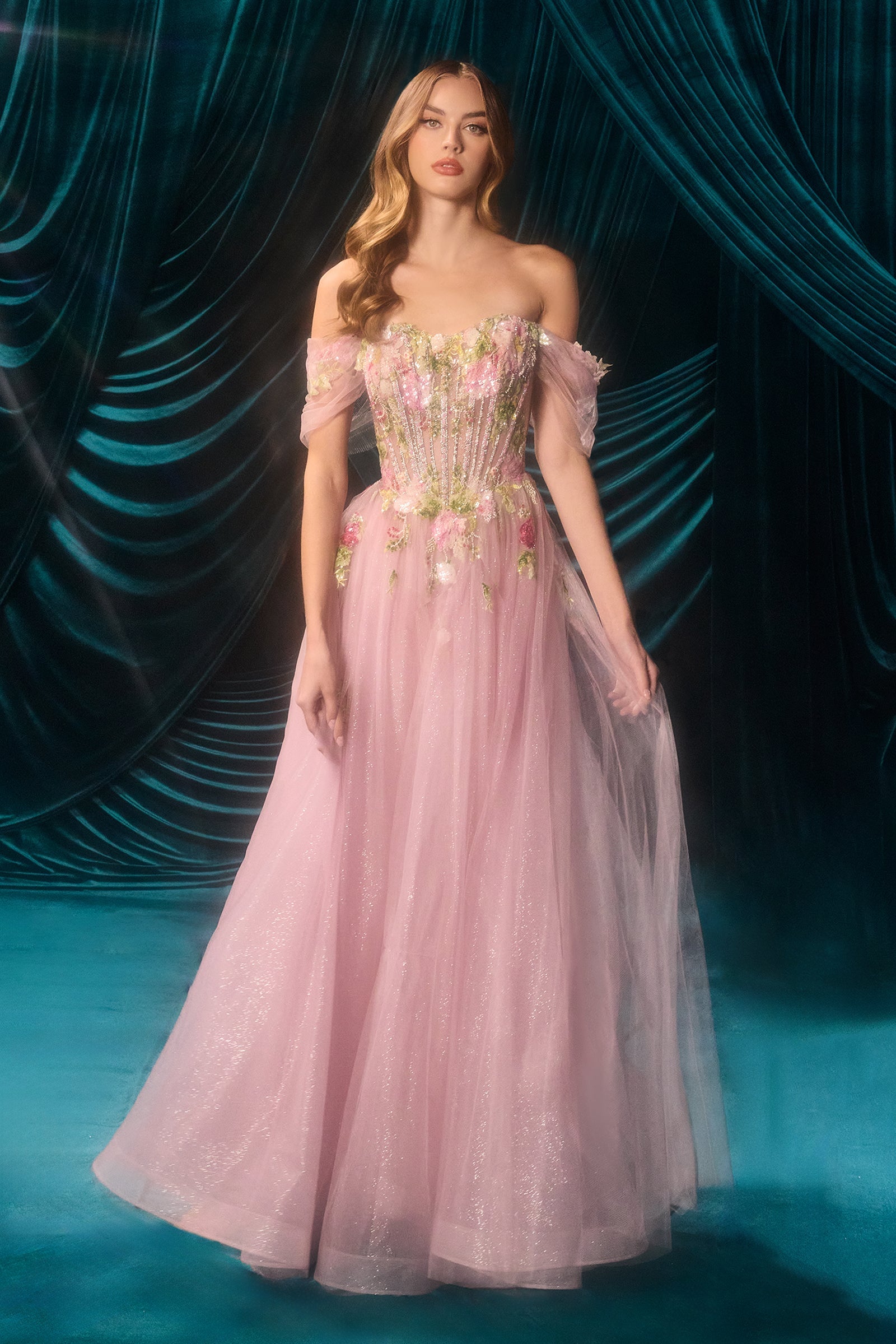 Andrea and Leo A1479 - Floral Glitter A-Line Prom Dress - Silhouette Dresses