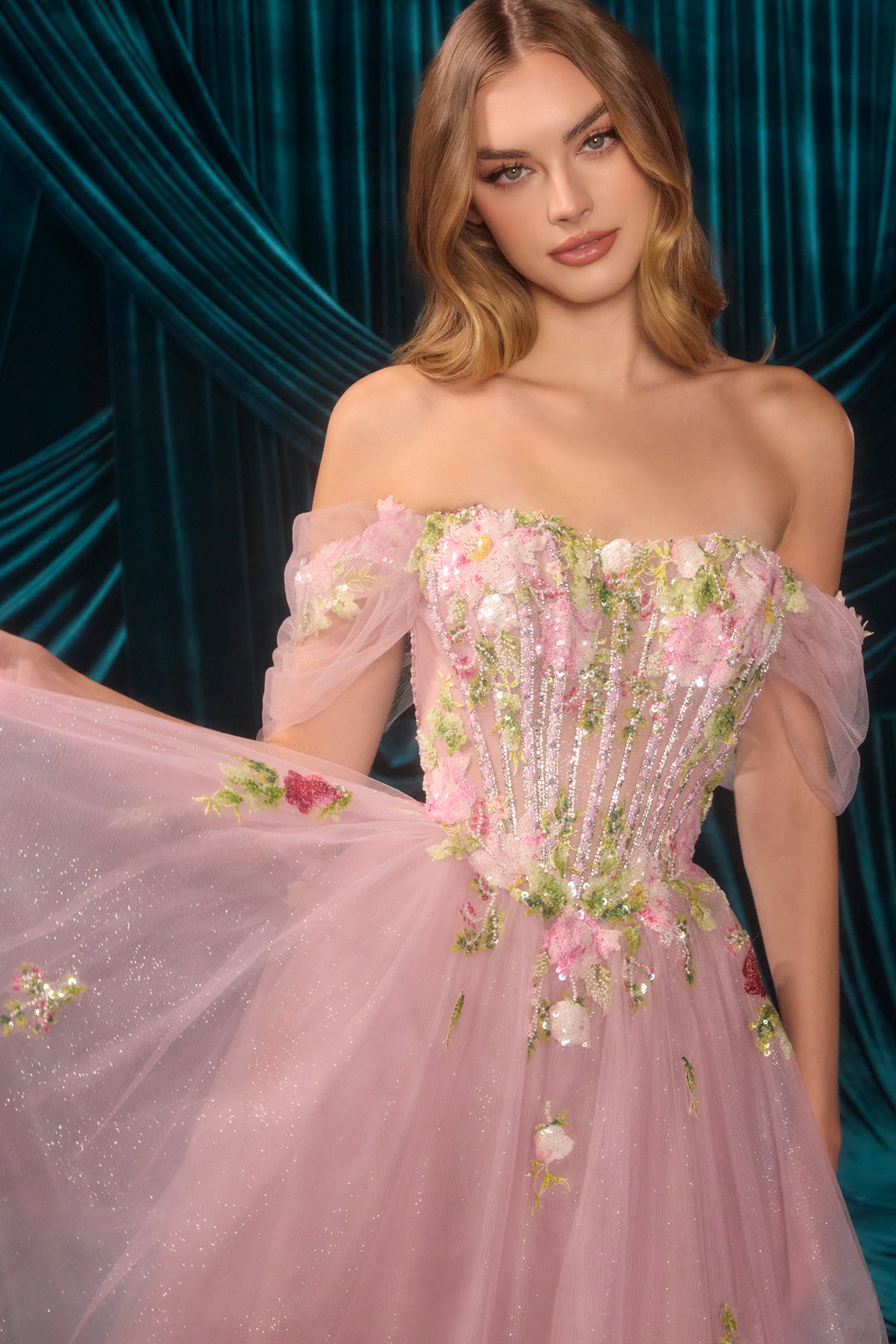 Andrea and Leo A1479 - Floral Glitter A-Line Prom Dress - detail view