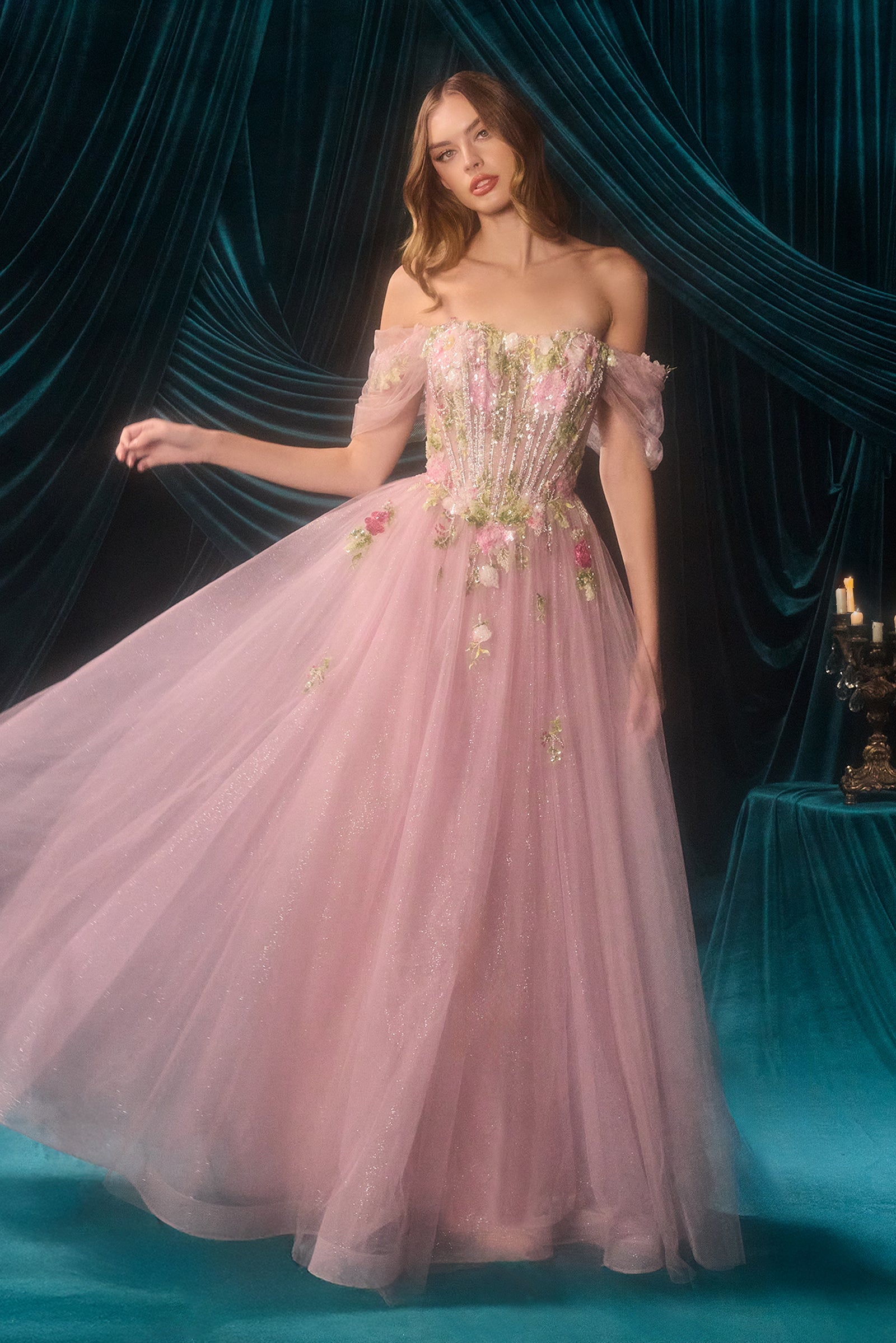 Andrea and Leo A1479 - Floral Glitter A-Line Prom Dress - back view