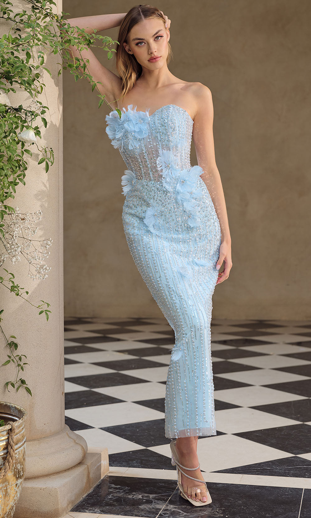 Andrea and Leo A1487 - Floral Applique Column Dress with Back Slit - designer cocktail dress at Silhouette Dresses
