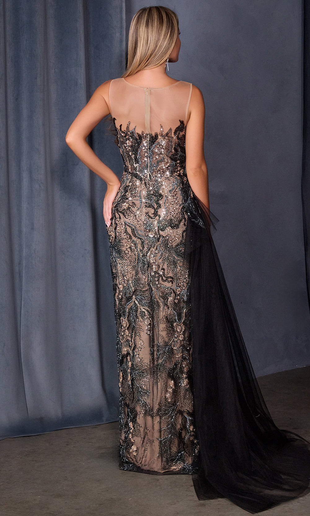 Andrea and Leo A1489 - Beaded Mesh Illusion Column Gown - detail view