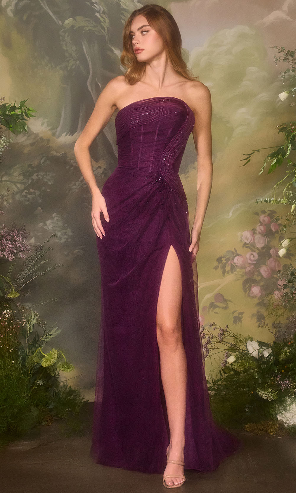 Andrea and Leo A1497 - High Slit Strapless Lace Evening Gown - detail view