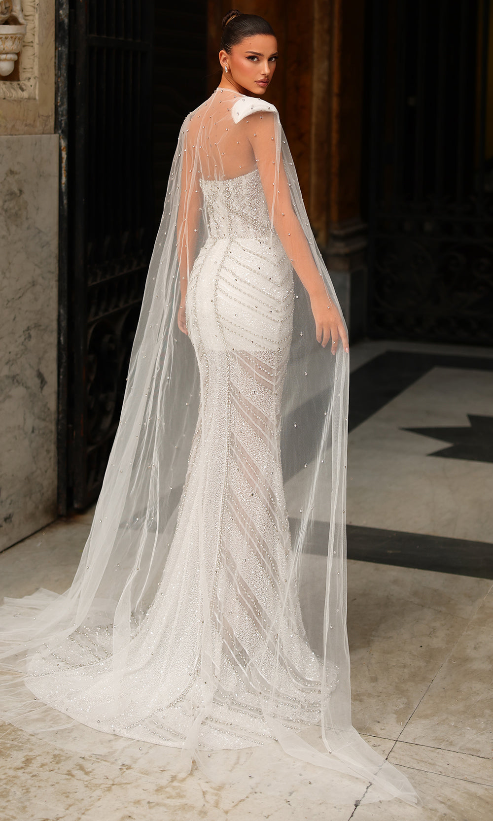 Chic and Holland BR550021 - Illusion Cape Sweetheart Beaded Dress - back view
