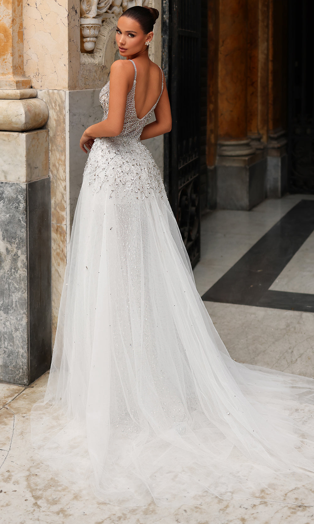 Chic and Holland BR550022 - Spaghetti Strap Beaded Gown with Overskirt - back view