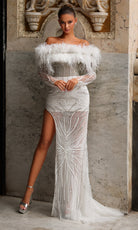 Chic and Holland BR550025 - Feather Trim Straight Neck Illusion Dress - Silhouette Dresses