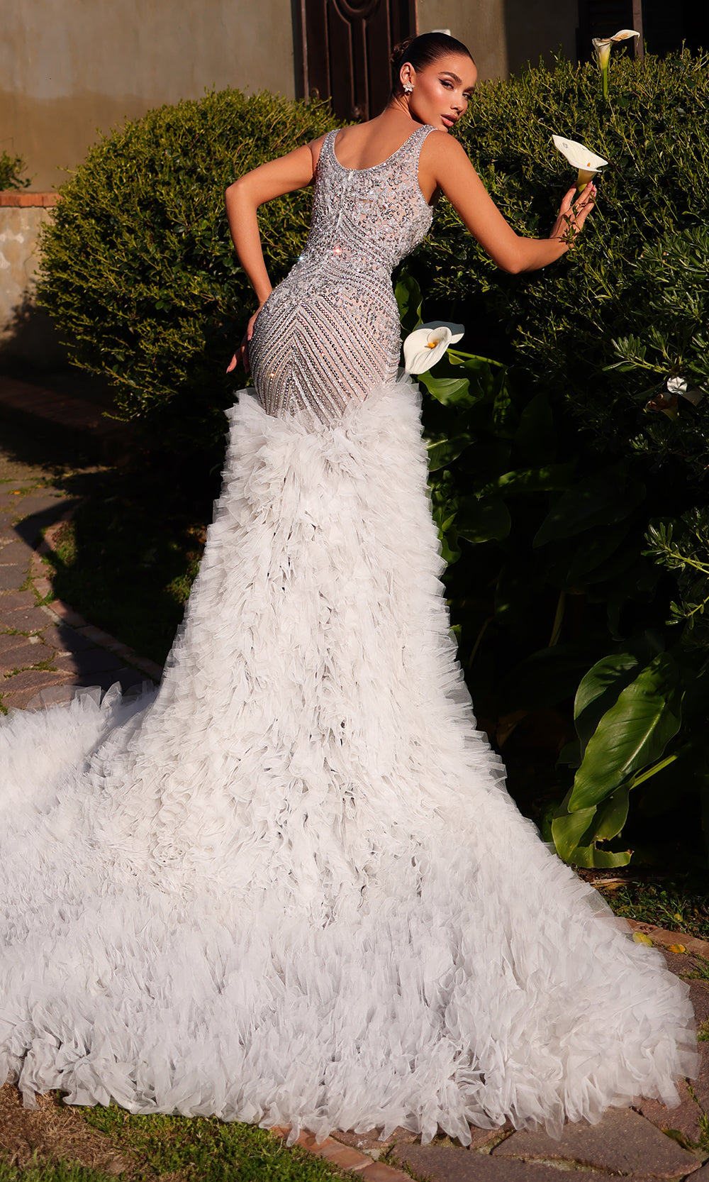 Chic and Holland BR550027 - Intricate Beaded Trumpet Gown with Ruffles - back view