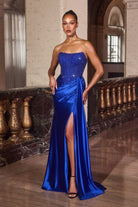 Ladivine C170 - Rhinestone Adorned Satin Evening Gown